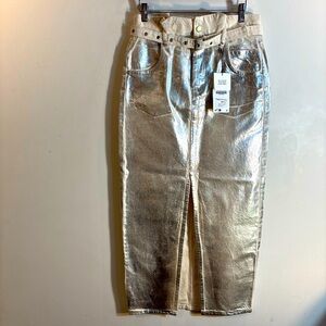 ZARA Sz M The Pleated High Waist Metallic Silver Midi Skirt NEW WITH TAGS
